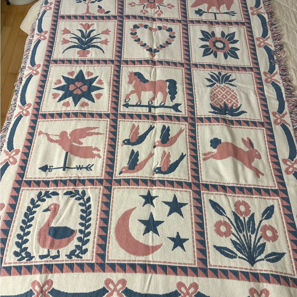 Vintage Cream, Blue & Pink Throw - Heritage Patchwork Cottage Core Folk Art